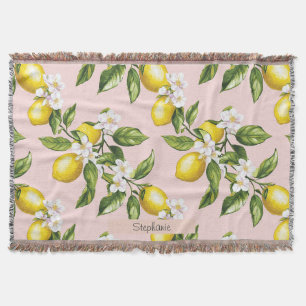 Vintage Lemon & Blossom Pattern on Pink (2) Throw Blanket
