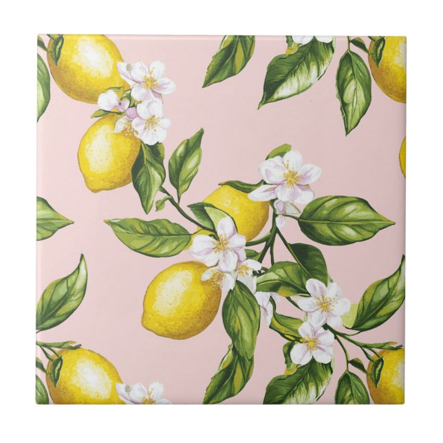 Vintage Lemon & Blossom Pattern on Pink (2) Tile (Front)