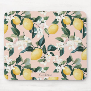 Vintage Lemon & Blossom Pattern on Pink Mouse Pad