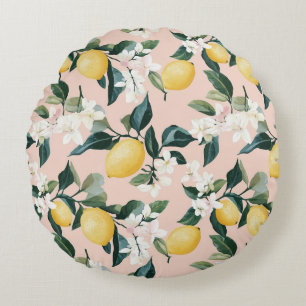 Vintage Lemon & Blossom Pattern on Pink Round Pillow