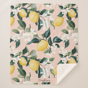 Vintage Lemon & Blossom Pattern on Pink Sherpa Blanket