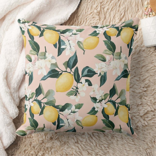 Vintage Lemon & Blossom Pattern on Pink Throw Pillow (Blanket)