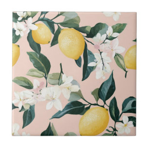 Vintage Lemon & Blossom Pattern on Pink Tile
