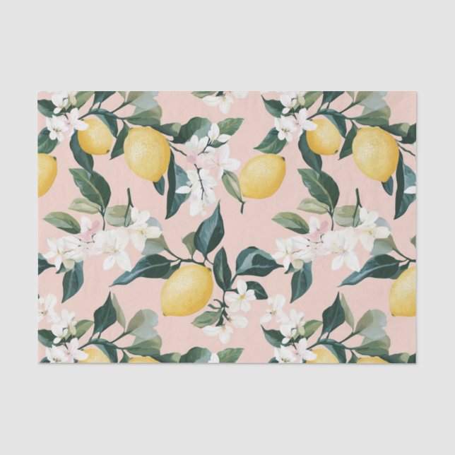 Vintage Lemon & Blossom Pattern on Pink Tissue Paper (Front)