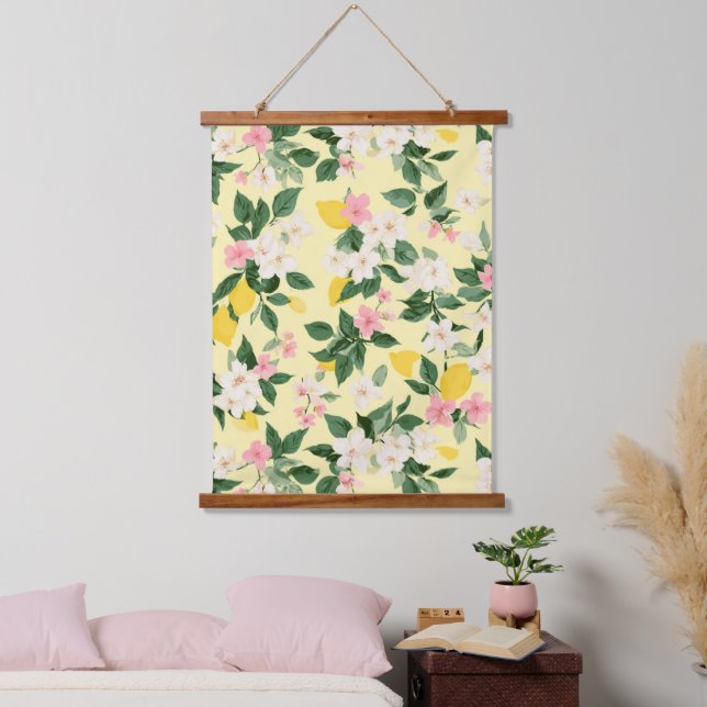 Vintage Lemon & Blossom Pattern on Yellow Hanging Tapestry (Bedroom)