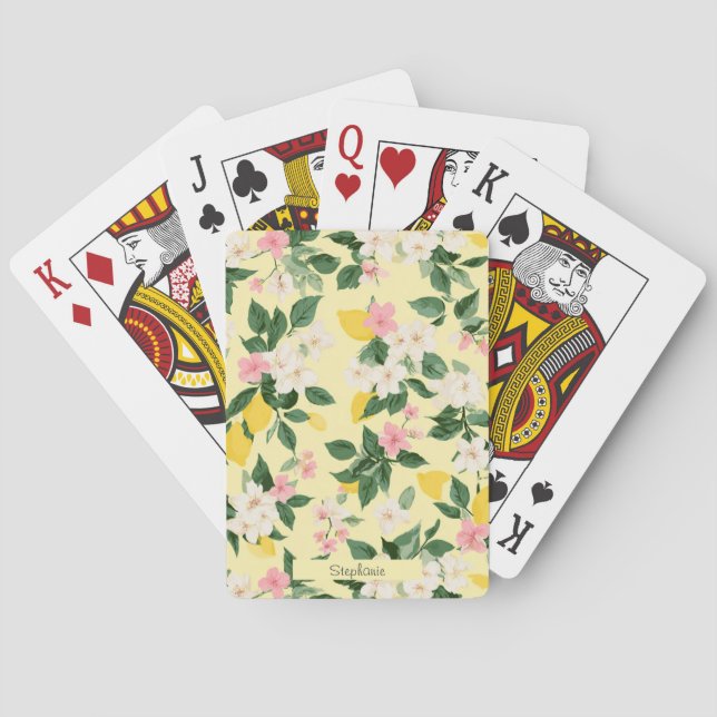 Vintage Lemon & Blossom Pattern on Yellow Playing Cards (Back)