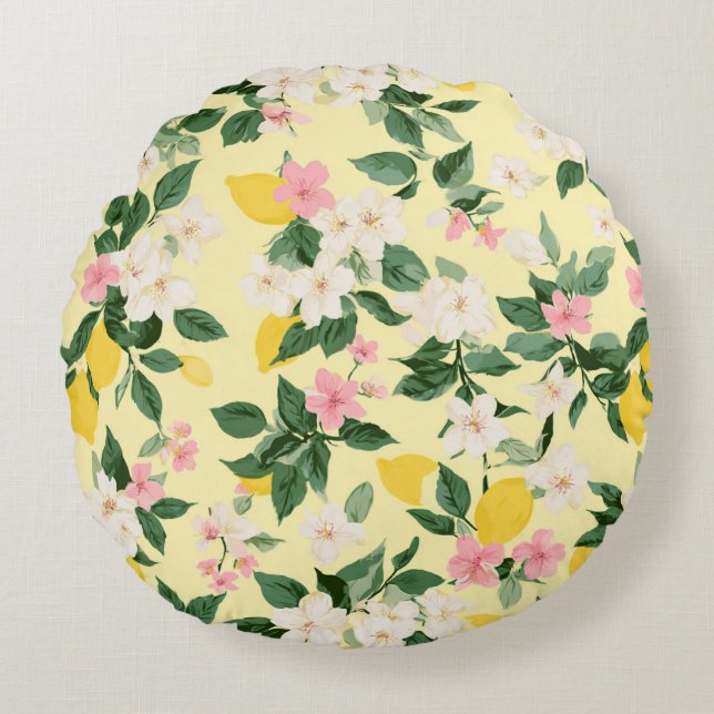 Vintage Lemon & Blossom Pattern on Yellow Round Pillow (Front)