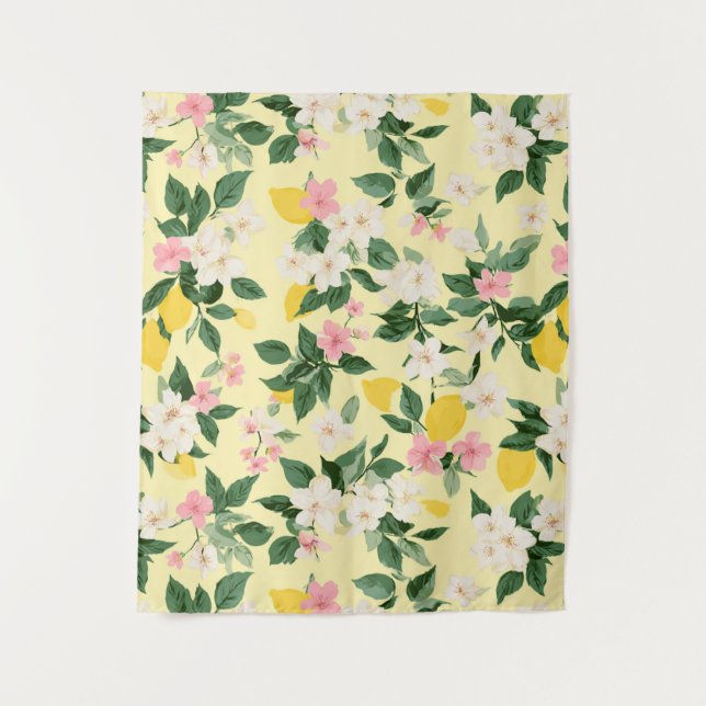 Vintage Lemon & Blossom Pattern on Yellow Tapestry (Front)