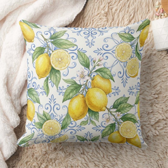 Vintage Lemon Botanical Pattern – Mediterranean  Throw Pillow (Blanket)