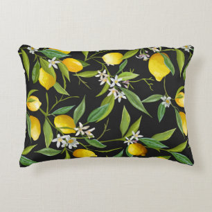 Vintage lemon fruits and flowers on dark backgroun accent pillow