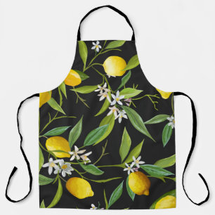 Vintage lemon fruits and flowers on dark backgroun apron