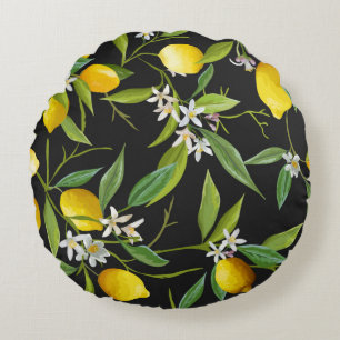 Vintage lemon fruits and flowers on dark backgroun round pillow