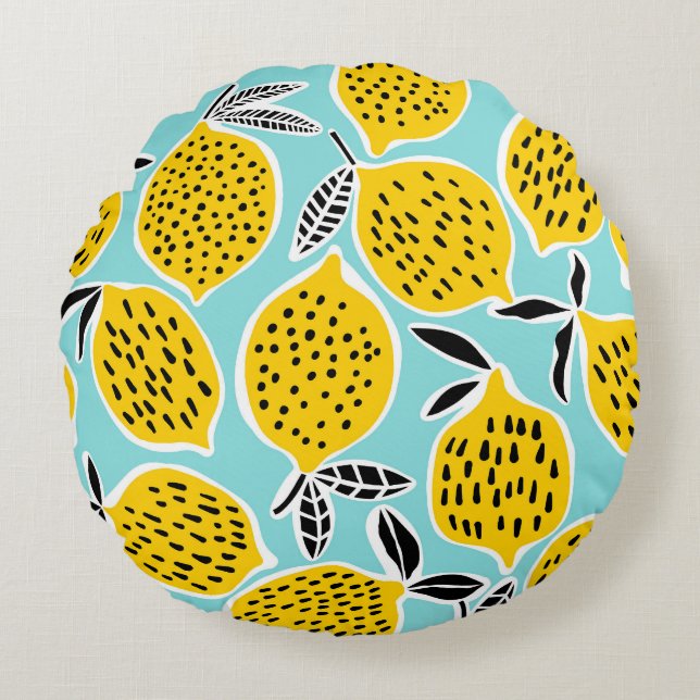 Vintage Lemon: Hand-Drawn Seamless Pattern Round Pillow (Front)