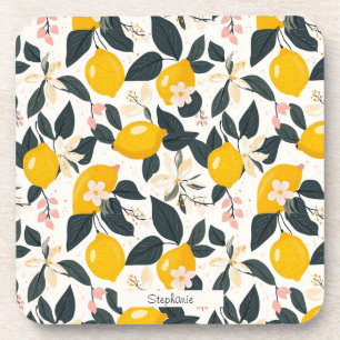 Vintage Lemon & Pink Blossom Pattern Coaster