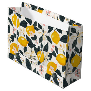 Vintage Lemon & Pink Blossom Pattern Large Gift Bag