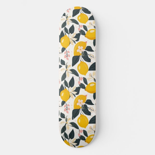 Vintage Lemon & Pink Blossom Pattern Skateboard (Front)