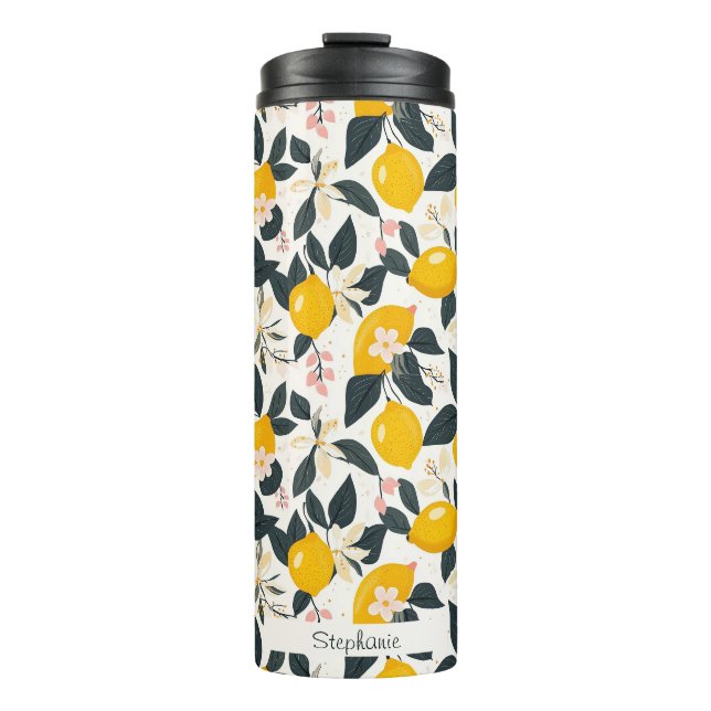 Vintage Lemon & Pink Blossom Pattern Thermal Tumbler (Front)