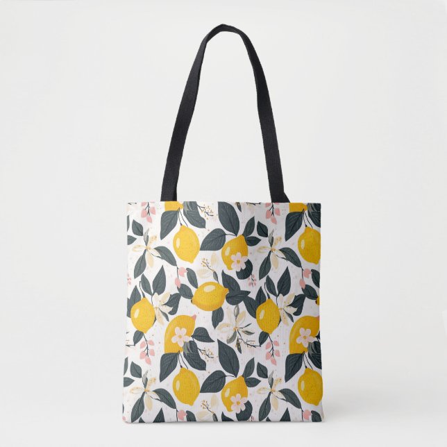 Vintage Lemon & Pink Blossom Pattern Tote Bag (Front)