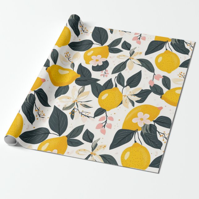 Vintage Lemon & Pink Blossom Pattern Wrapping Paper (Unrolled)