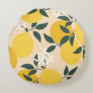 Vintage Lemon: Seamless Fruit Texture. Round Pillow