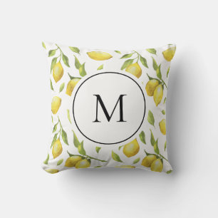 Vintage Lemons and Greenery Pattern Monogram Throw Pillow