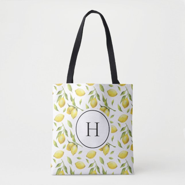 Vintage Lemons and Greenery Pattern Monogram Tote Bag (Front)