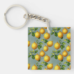 Vintage Lemons and Leaves Art Pattern on Grey Keychain