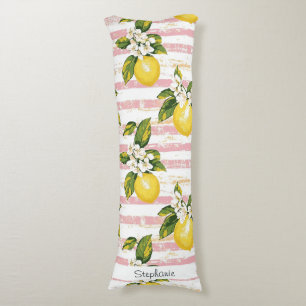 Vintage Lemons & Blooms on Pink and White Stripes Body Pillow