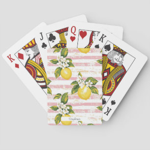 Vintage Lemons & Blooms on Pink and White Stripes Playing Cards