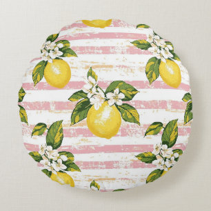 Vintage Lemons & Blooms on Pink and White Stripes Round Pillow
