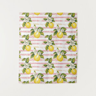 Vintage Lemons & Blooms on Pink and White Stripes Tapestry