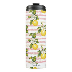 Vintage Lemons & Blooms on Pink and White Stripes Thermal Tumbler