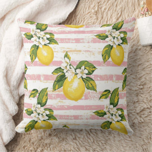 Vintage Lemons & Blooms on Pink and White Stripes Throw Pillow