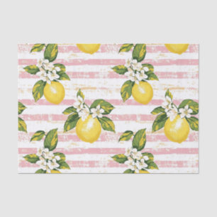 Vintage Lemons & Blooms on Pink and White Stripes Tissue Paper