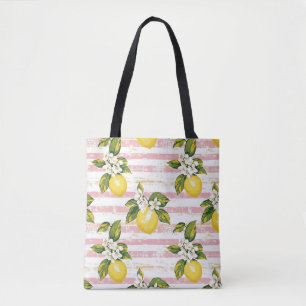 Vintage Lemons & Blooms on Pink and White Stripes Tote Bag
