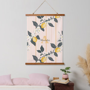 Vintage Lemons & Blooms on Pink Stripes Hanging Tapestry