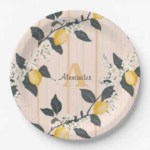 Vintage Lemons & Blooms on Pink Stripes Paper Plate