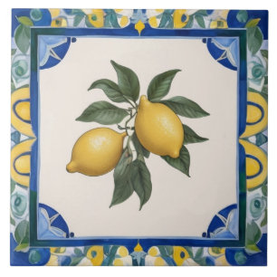 Vintage Lemons Dark Blue Green Yellow Lemon Tile