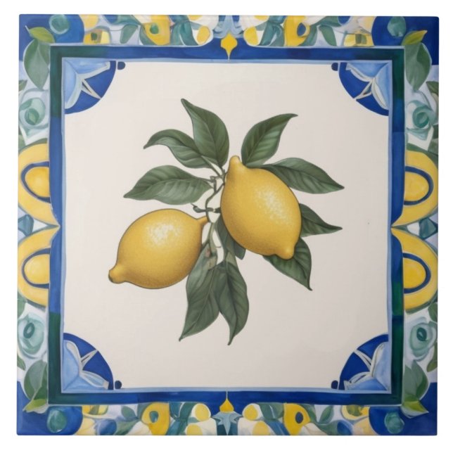 Vintage Lemons Dark Blue Green Yellow Lemon Tile (Front)