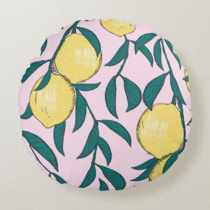 Vintage Lemons: Hand-Drawn Watercolor Pattern. Round Pillow