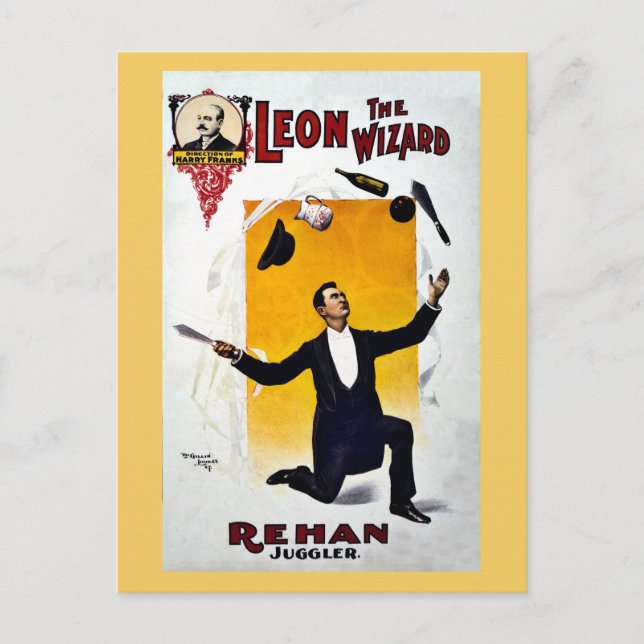 Vintage Leon The Wizard, Rehan Juggler Circus Postcard (Front)