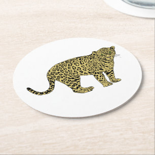 Vintage Leopard Cheetah Spotted Cat Drawing Round Paper Coaster