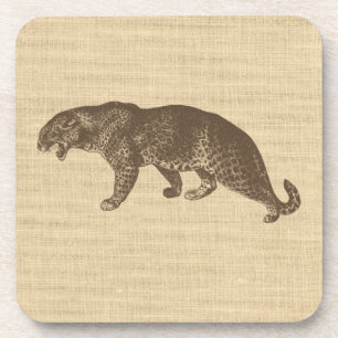Vintage Leopard Illustration on Burlap  Coaster