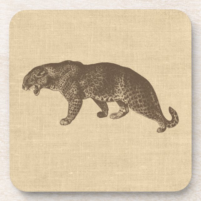Vintage Leopard Illustration on Burlap  Coaster (Front)