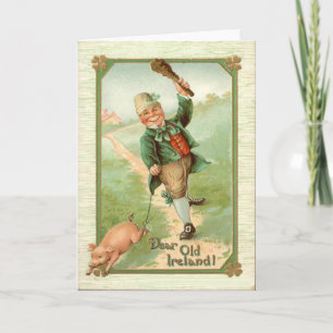 Vintage Leprechaun Pig Shillelagh St Patrick's Day Card