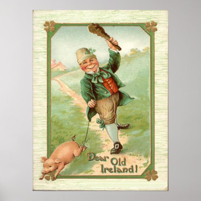 Vintage Leprechaun Pig Shillelagh St Patrick's Day Poster (Front)