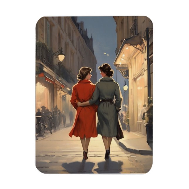 Vintage Lesbian Couple in Cozy Night Magnet (Vertical)