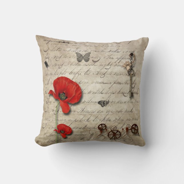Vintage Letter & Poppy Throw Pillow (Front)