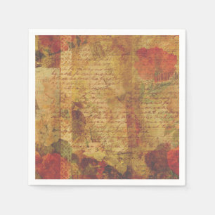 Vintage Letter Script Red Botanical Art Ephemera Napkin