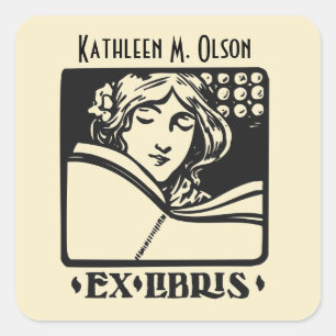 Vintage letterpress deco bookplate ex-libris square sticker